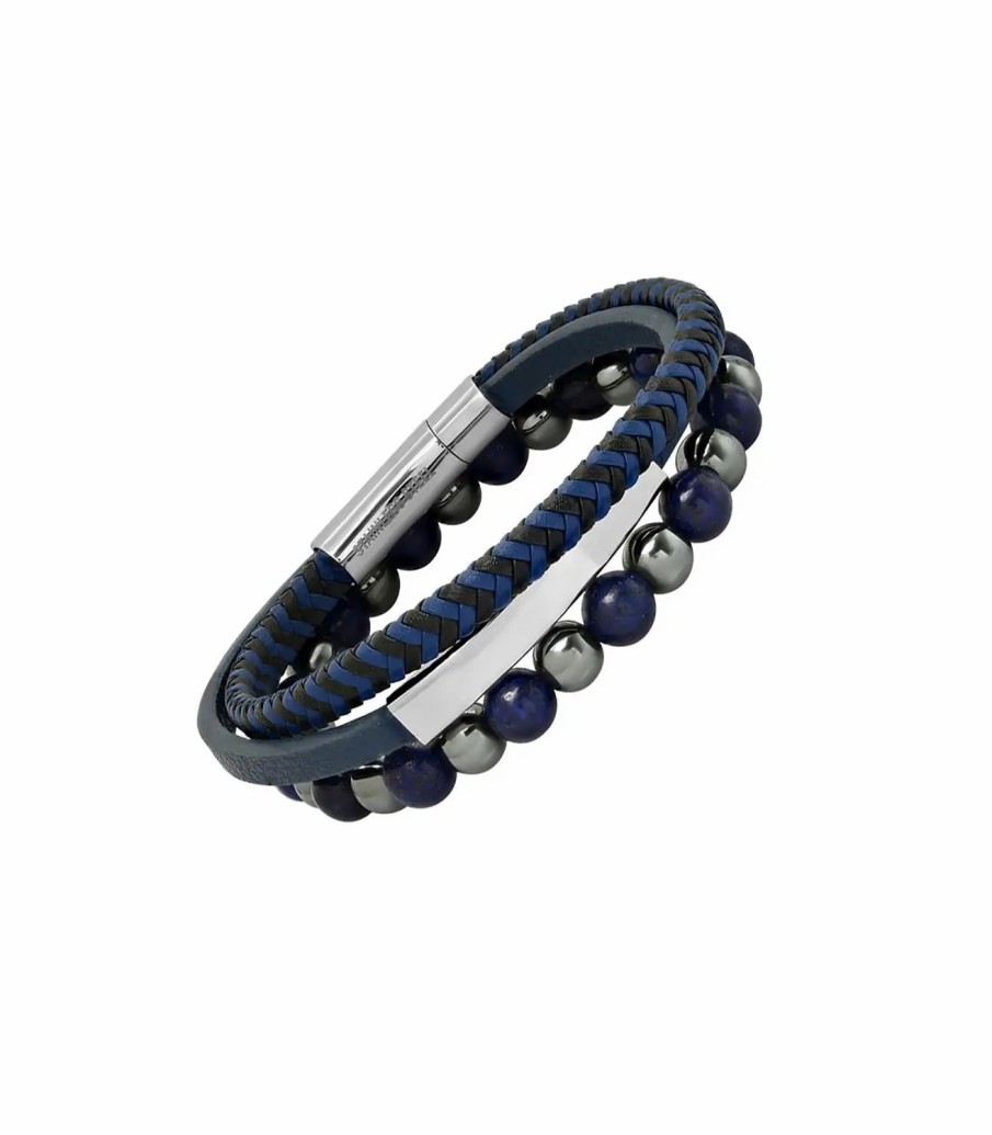 Jewelry-Accessories * | Anthony Jacobs Hematite, Lapis, And Leather Bracelets Multi