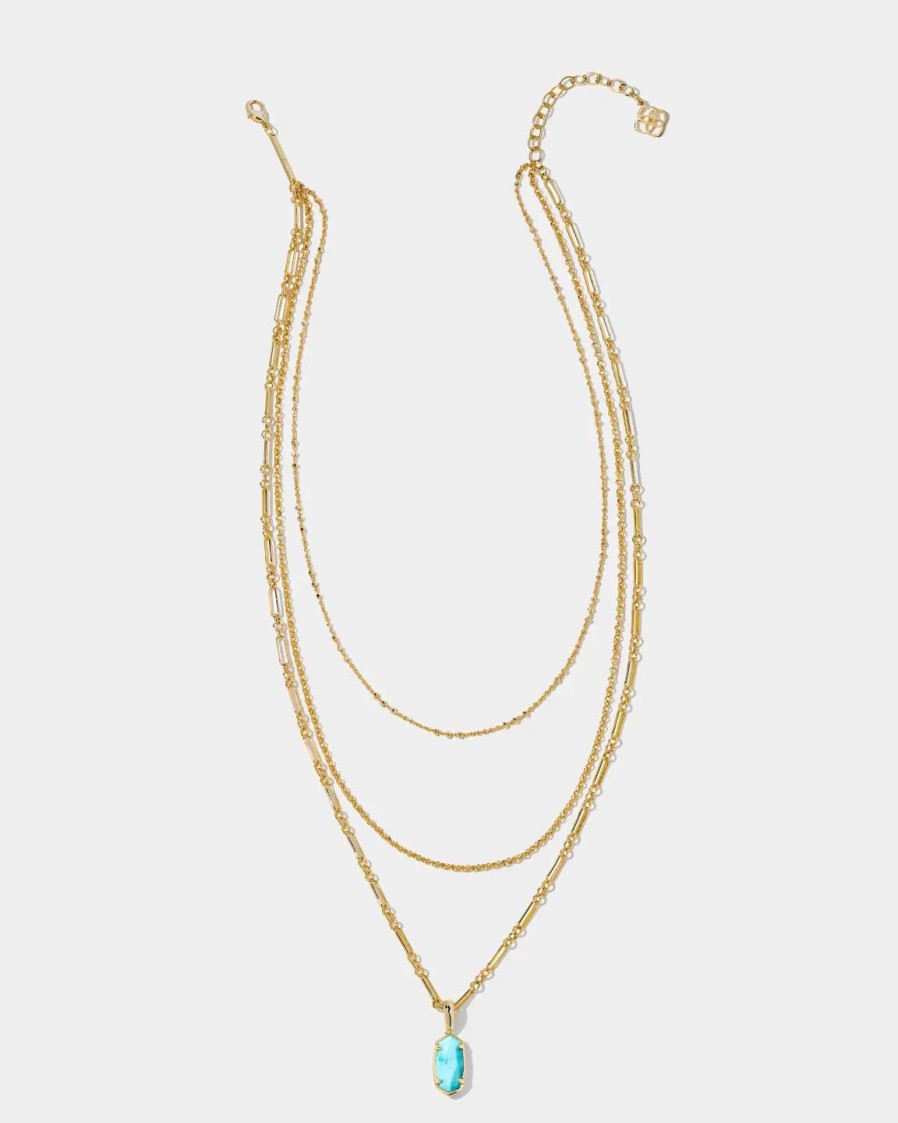 Jewelry-Accessories * | Kendra Scott Elisa Triple Strand Necklace Gold Light Blue Magnesite