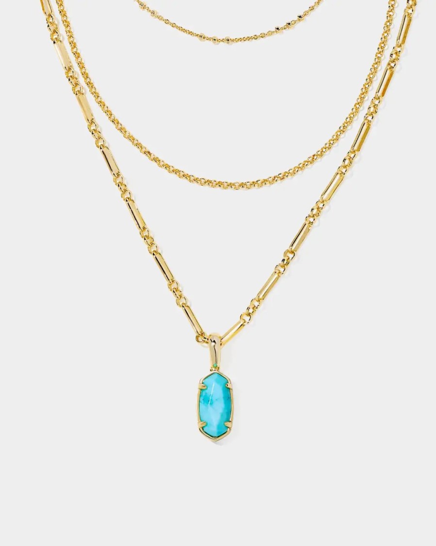 Jewelry-Accessories * | Kendra Scott Elisa Triple Strand Necklace Gold Light Blue Magnesite