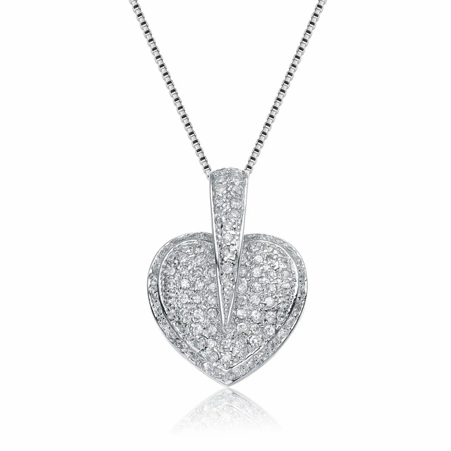 Jewelry-Accessories * | Genevive Sterling White Cubic Zirconia Heart Pendant Necklace Silver