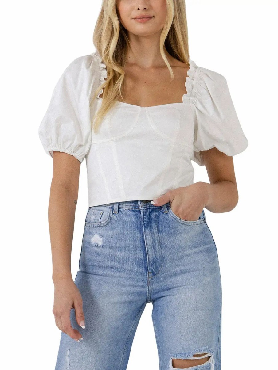 Clothing * | Endless Rose Short Puff Sleeve Cropped Top White