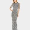 Clothing * | Mac Duggal Beaded Fringe Quarter Sleeve Column Gown Charcoal