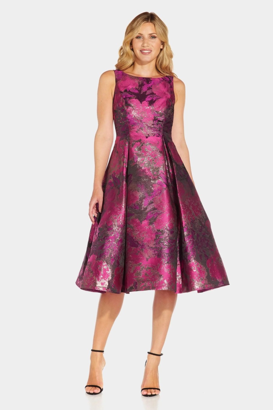 Clothing * | Adrianna Papell Jacquard Tea Length Dress Magenta/Orchid Multi