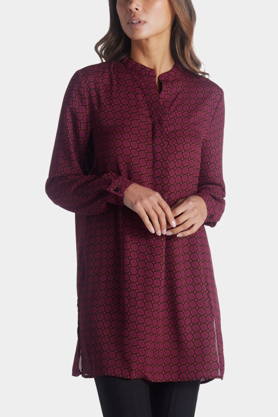 Clothing * | Anne Klein Printed Long Sleeve Pop-Over Tunic Chianti/Titan Red Combo