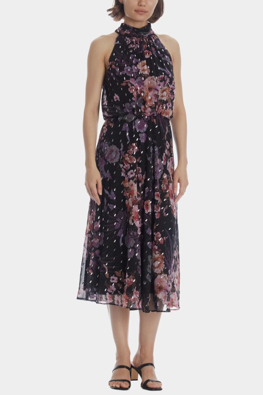 Clothing * | Adrianna Papell Floral Chiffon Halter Dress Black Multi