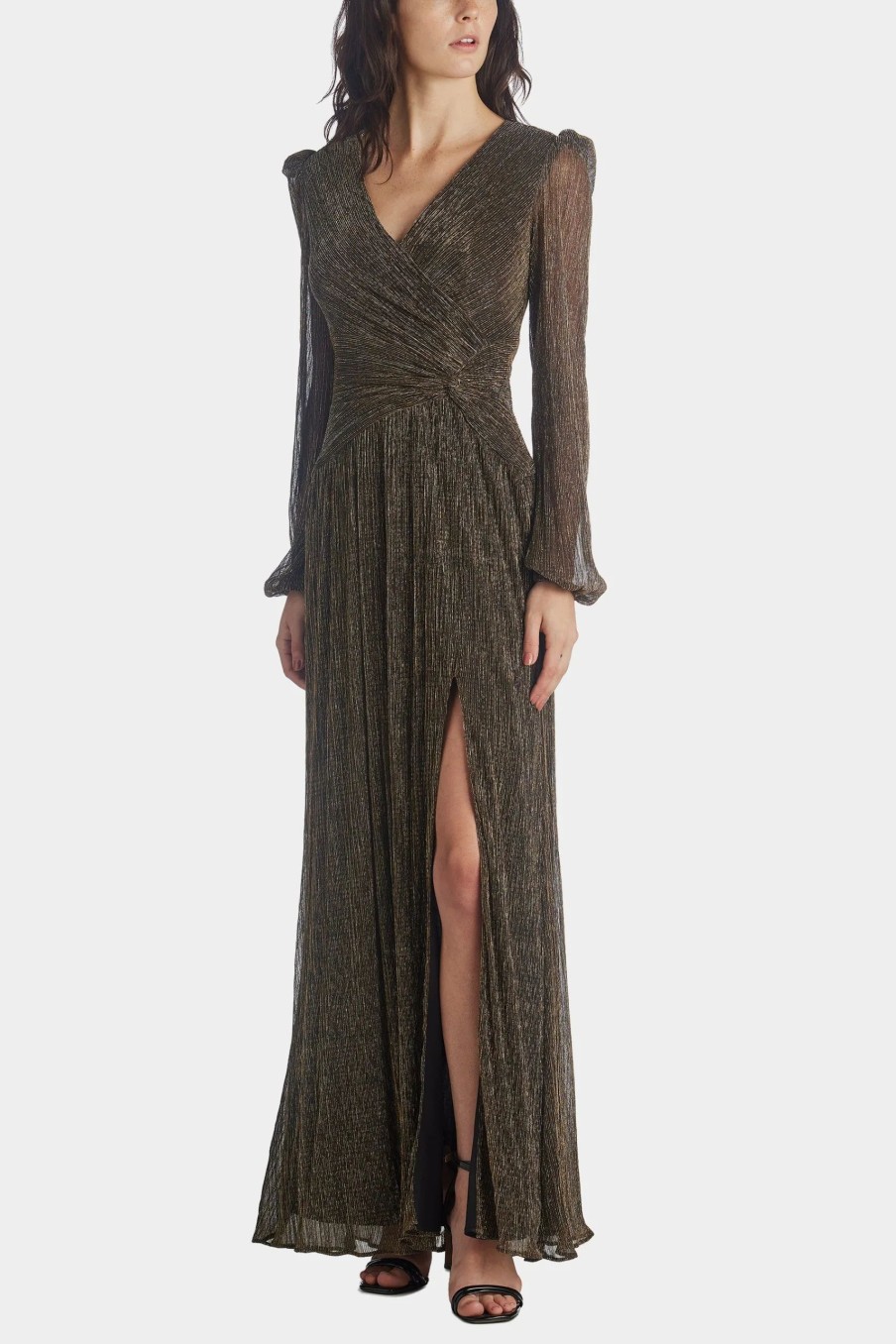 Clothing * | Xscape Long, Long Sleeve Metallic Wrap Gown Black/Bronze