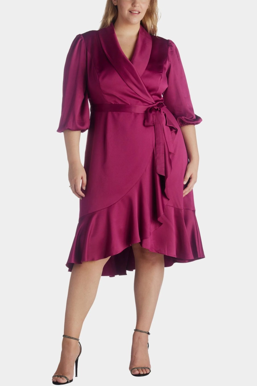 Clothing * | Adrianna Papell Satin Crepe Wrap Dress Red Plum