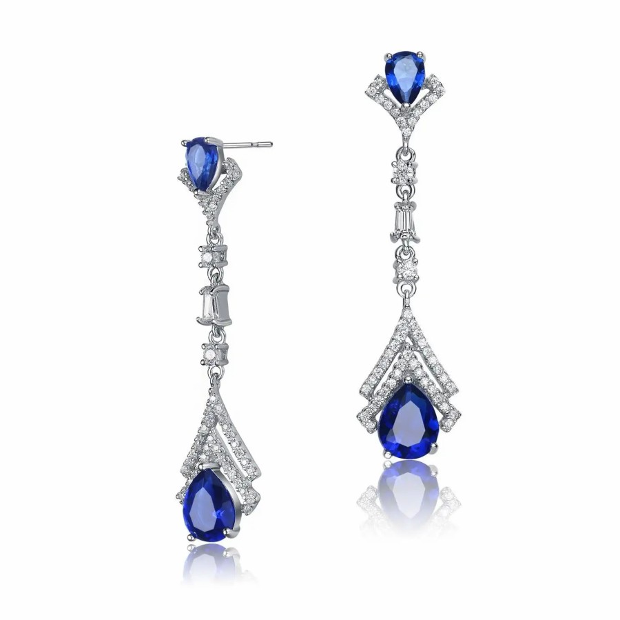 Jewelry-Accessories * | Genevive Sapphire Double Halo Drop Earrings Blue