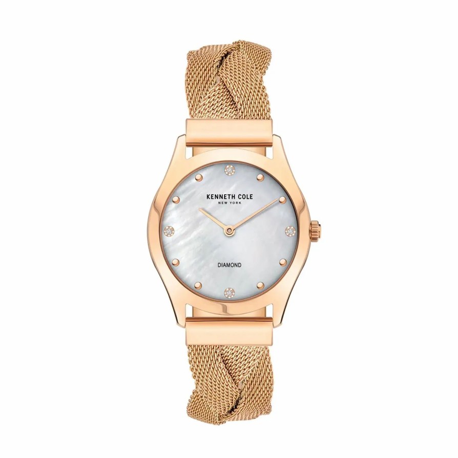 Jewelry-Accessories * | Kenneth Cole Classic Rose Dot And Crystal Stone Hour Markers Watch With Rose Mesh Braided Strap Gold