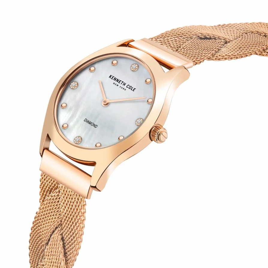 Jewelry-Accessories * | Kenneth Cole Classic Rose Dot And Crystal Stone Hour Markers Watch With Rose Mesh Braided Strap Gold