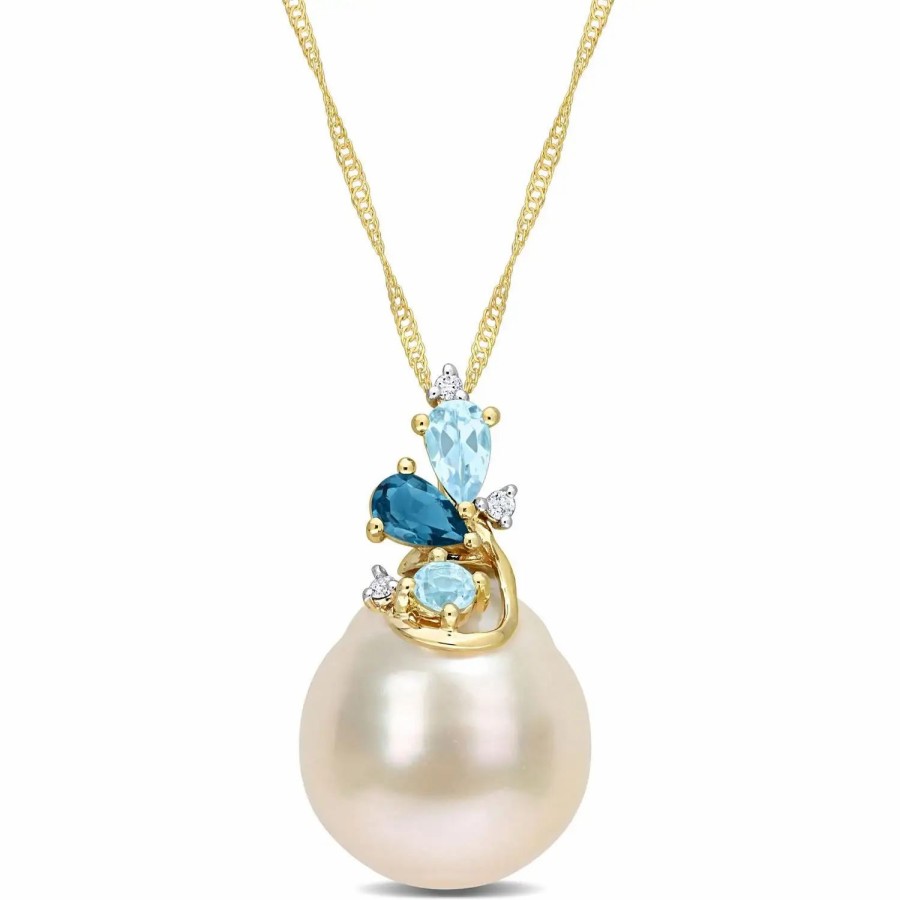 Jewelry-Accessories * | Julianna B 14K Cultured Pearl Blue Topaz & Diamond Accent Necklace Yellow Gold