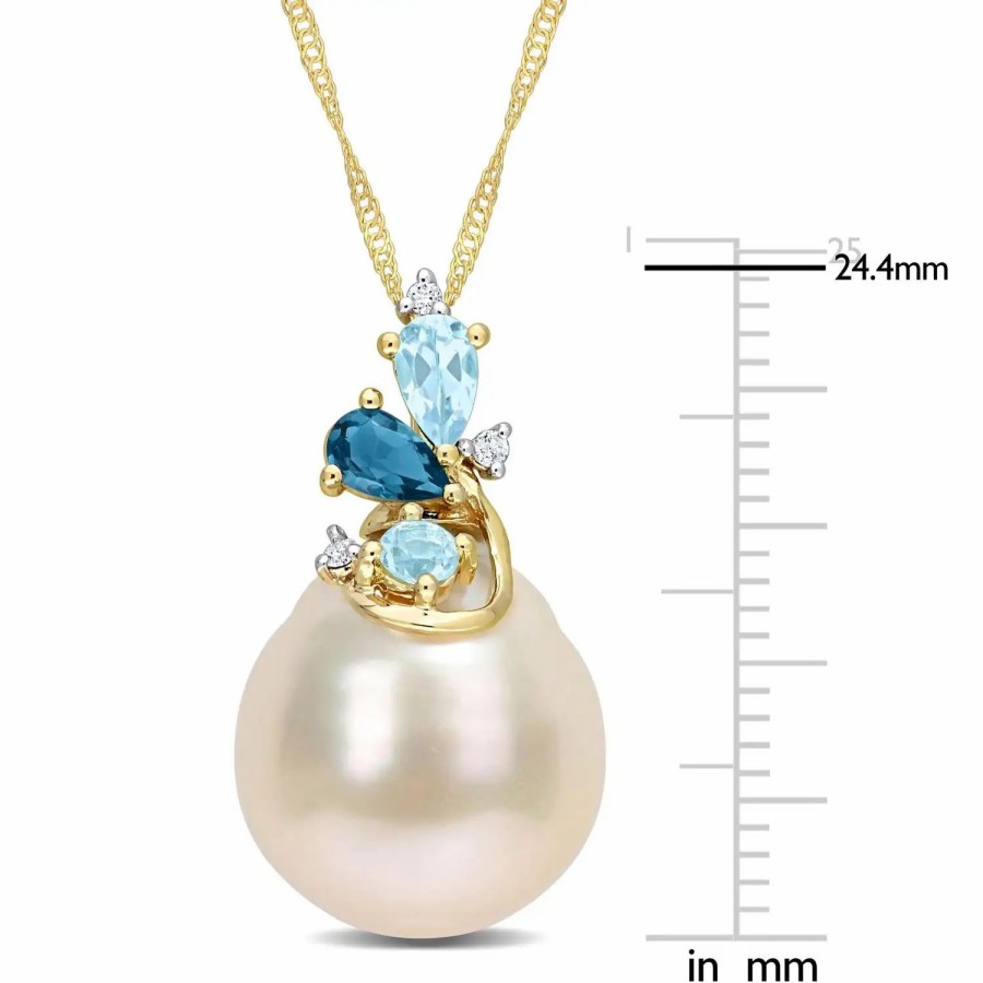 Jewelry-Accessories * | Julianna B 14K Cultured Pearl Blue Topaz & Diamond Accent Necklace Yellow Gold