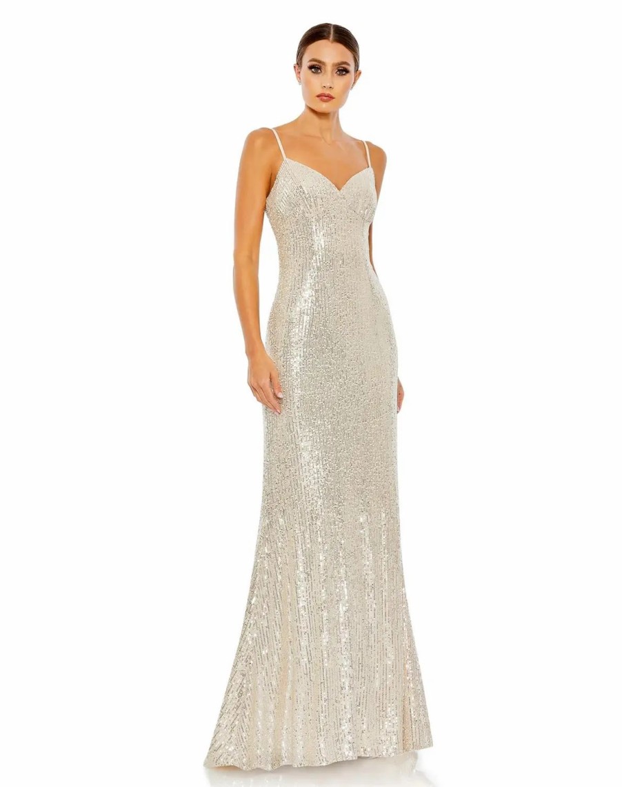 Clothing * | Ieena For Mac Duggal Sequined Sleeveless Column Gown Nude Silver