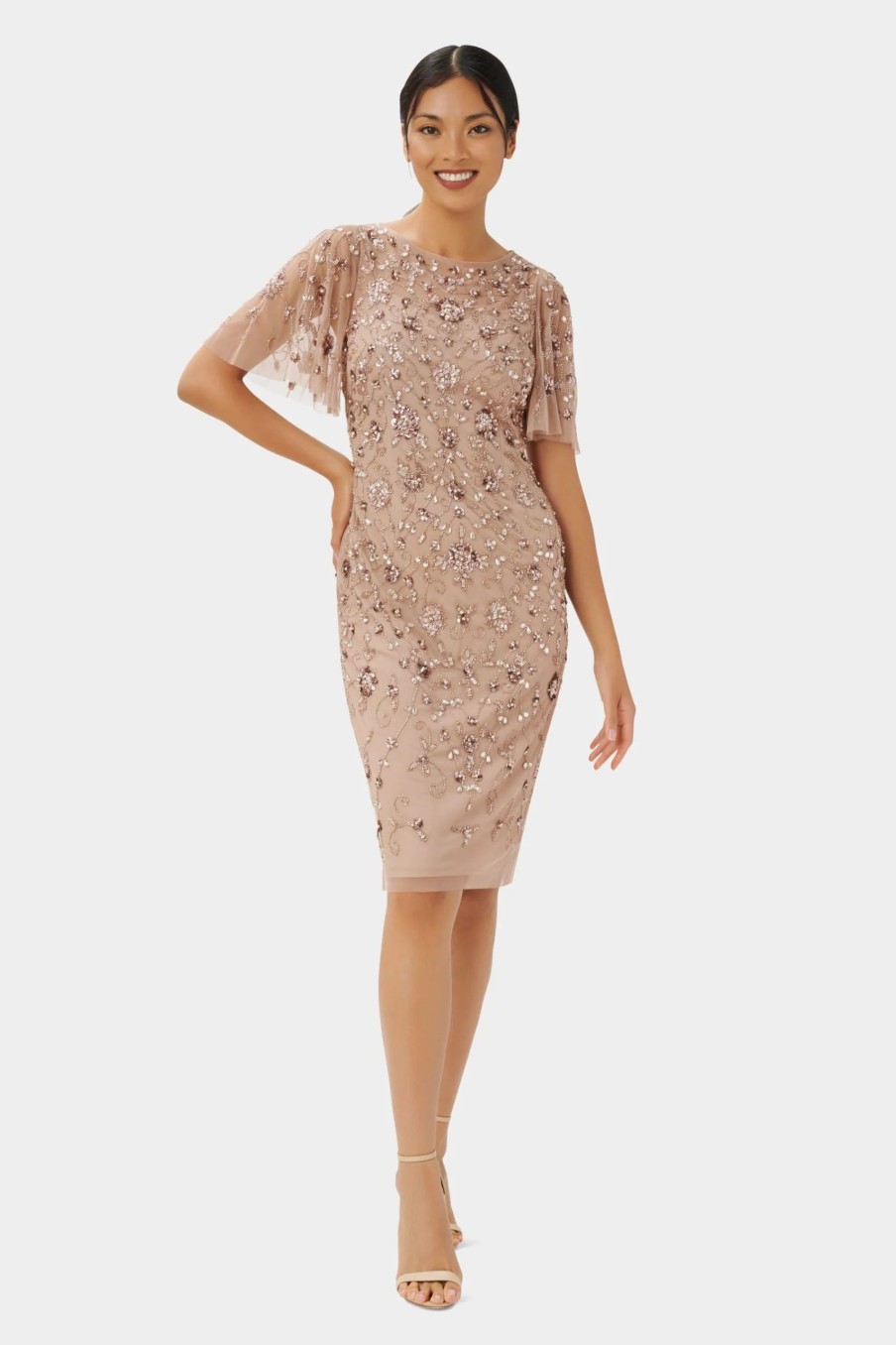 Clothing * | Adrianna Papell Beaded Short Dress Rose Gold