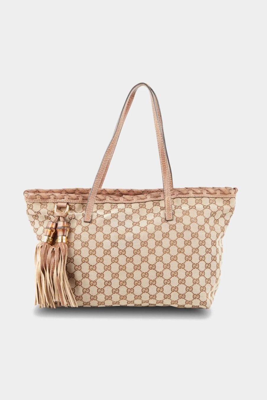 Handbags * | Gucci Bamboo Tassel Gg Canvas Tote Bag Brown