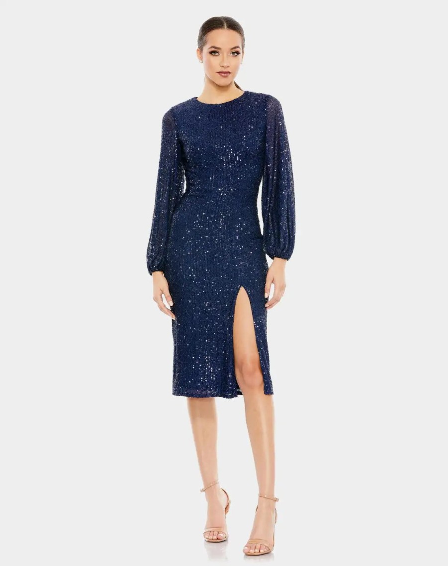 Clothing * | Ieena For Mac Duggal Sequined Puff Sleeve High Neck Dress Midnight