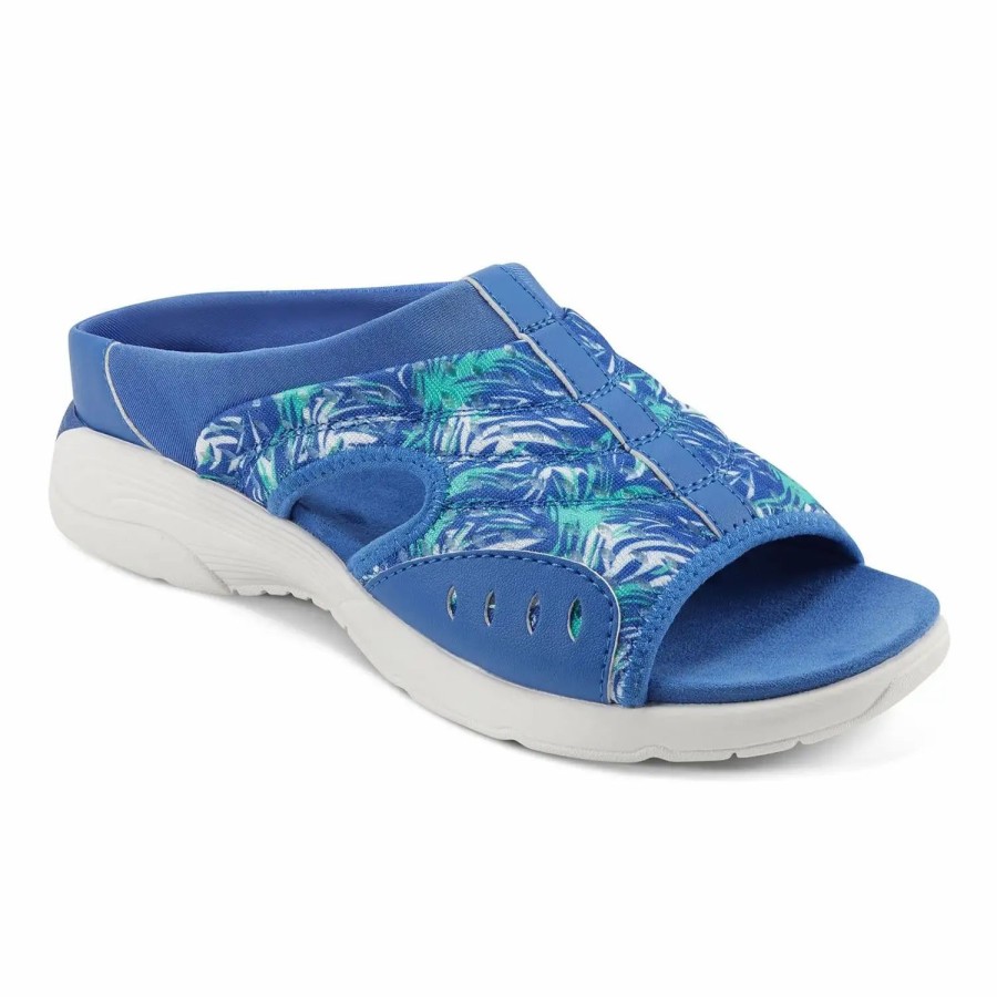 Shoes * | Easy Spirit Traciee Flat Sandals Blue Palm Print Multi