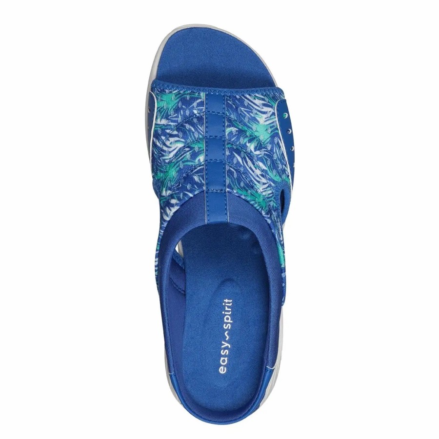 Shoes * | Easy Spirit Traciee Flat Sandals Blue Palm Print Multi