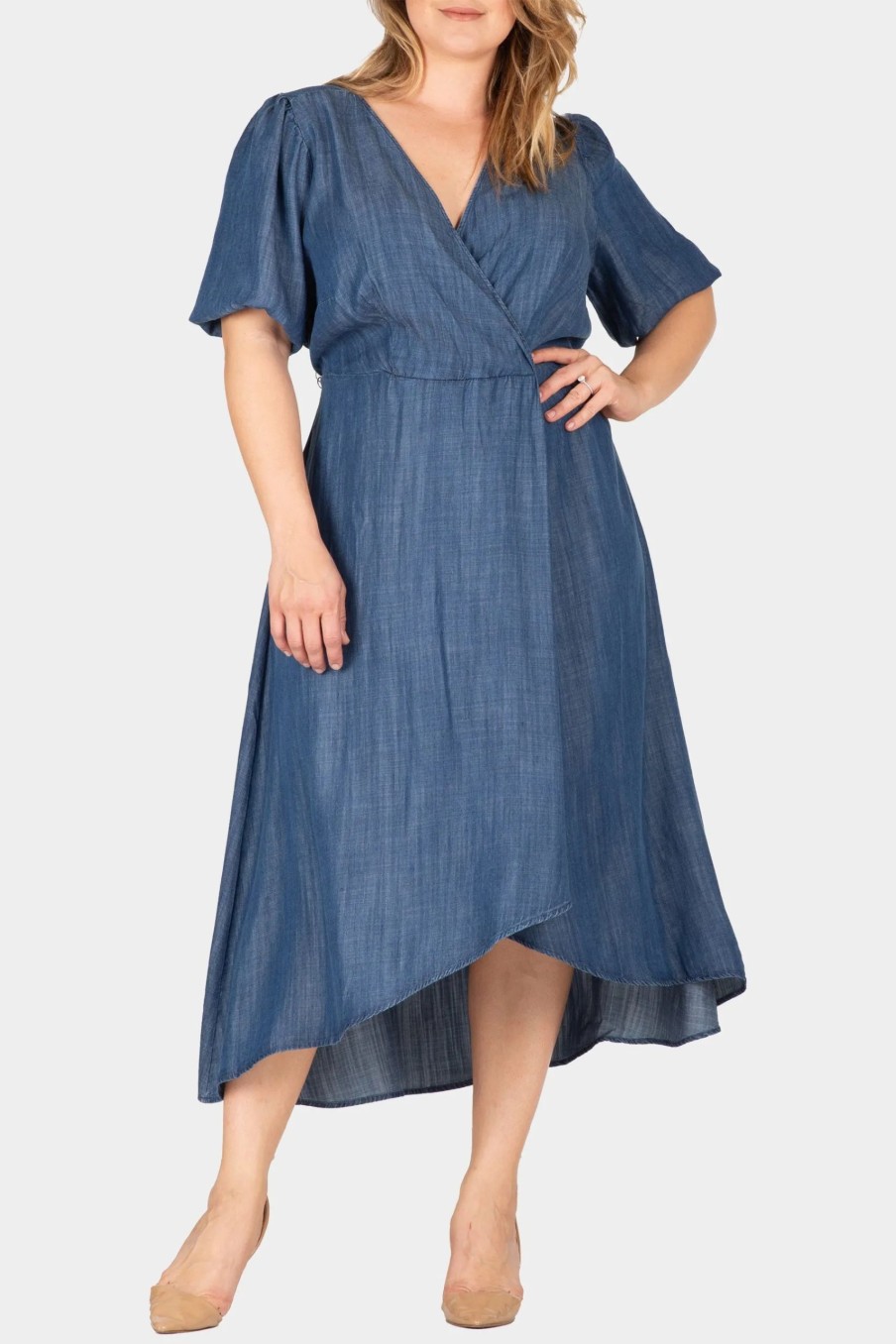 Clothing * | Standards & Practices Puff Sleeves High Low Tencel Dress Rinse