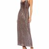 Clothing * | Ieena For Mac Duggal Pleated Metallic V-Neck Maxi Dress Pewter