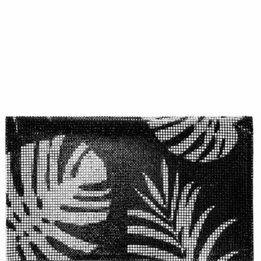 Handbags * | Nina Palm Print Crystal Clutch Black White