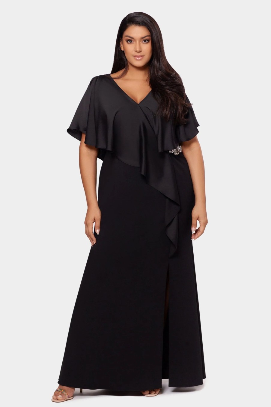 Clothing * | Xscape Long Crepe Ruffle Front Dress Black