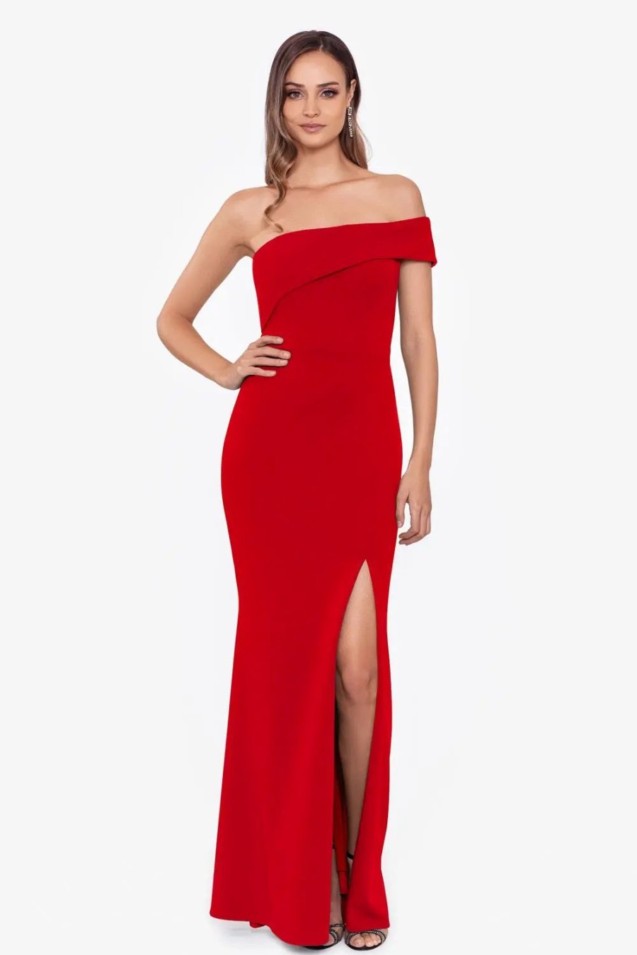 Clothing * | Xscape Off The Shoulder High Slit Gown Red