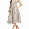 Clothing * | Mac Duggal V Neck Midi Dress Nude Silver