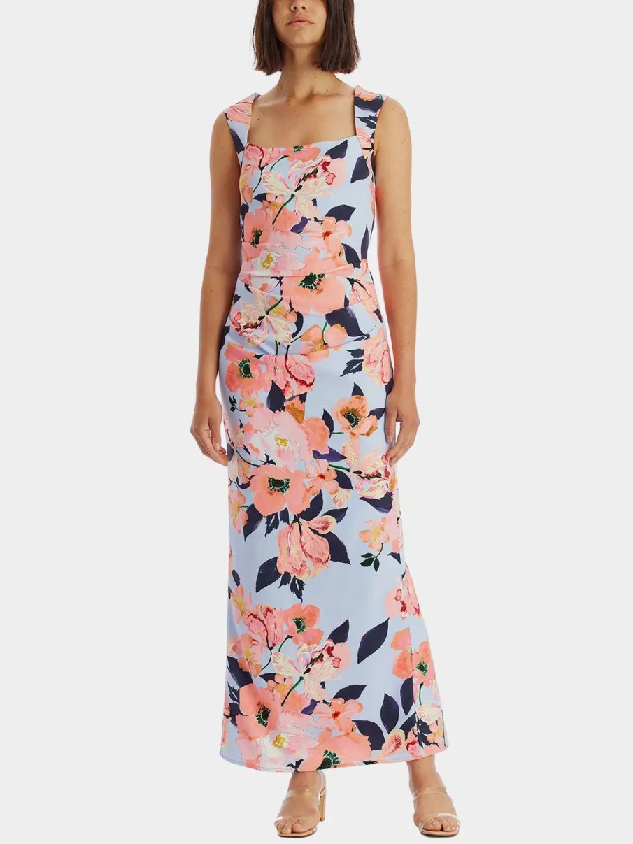 Clothing * | Adrianna Papell Printed Crepe Gown Opal/Coral Multi