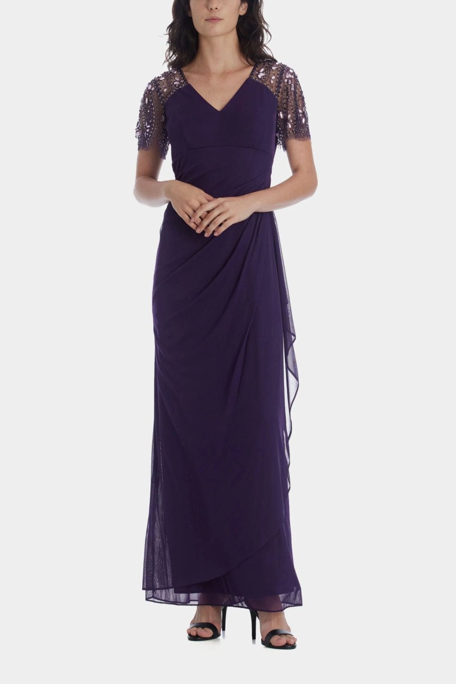 Clothing * | Xscape Long Beaded Flutter Sleeve Dress Plum/Plum