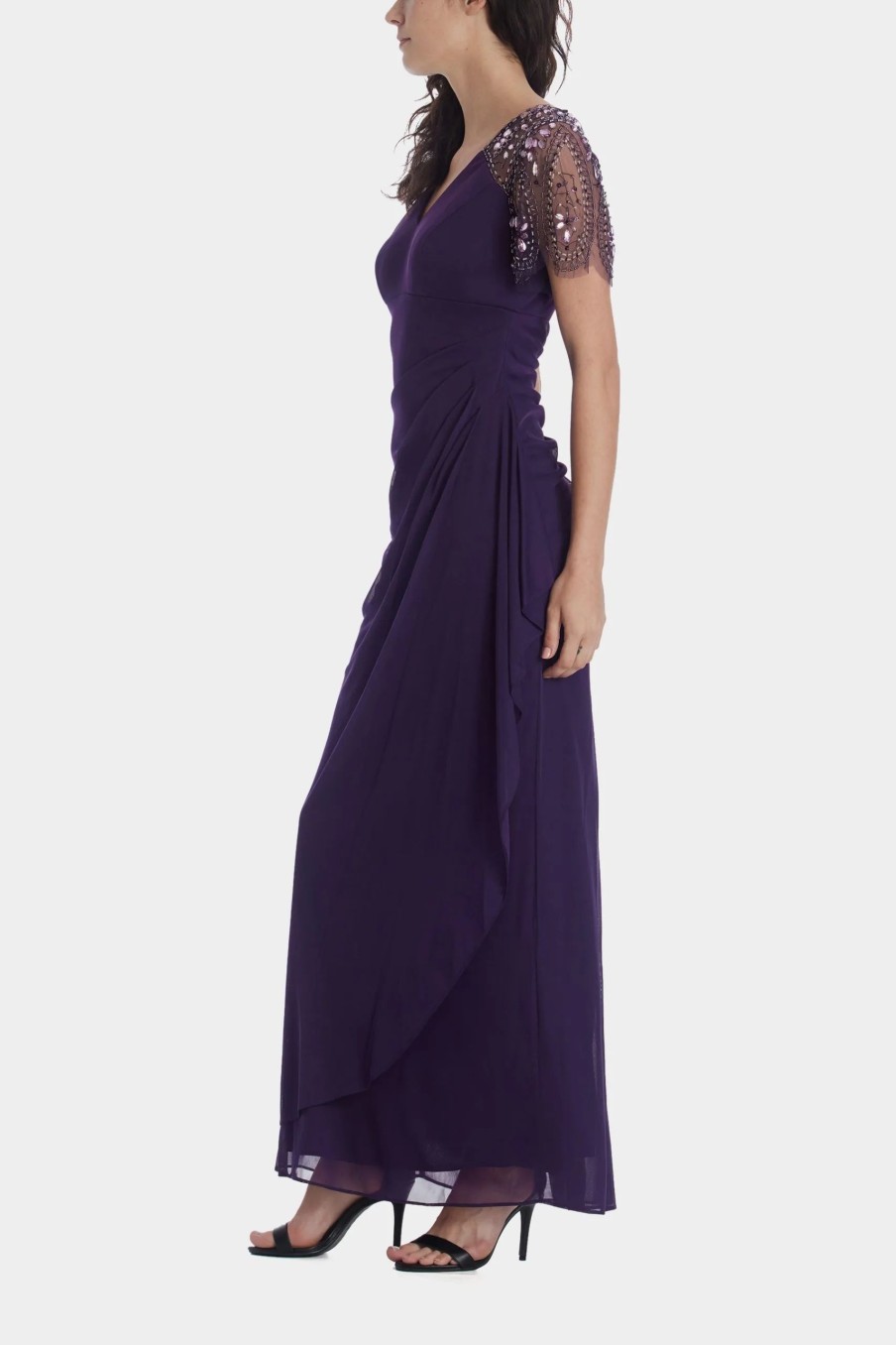 Clothing * | Xscape Long Beaded Flutter Sleeve Dress Plum/Plum