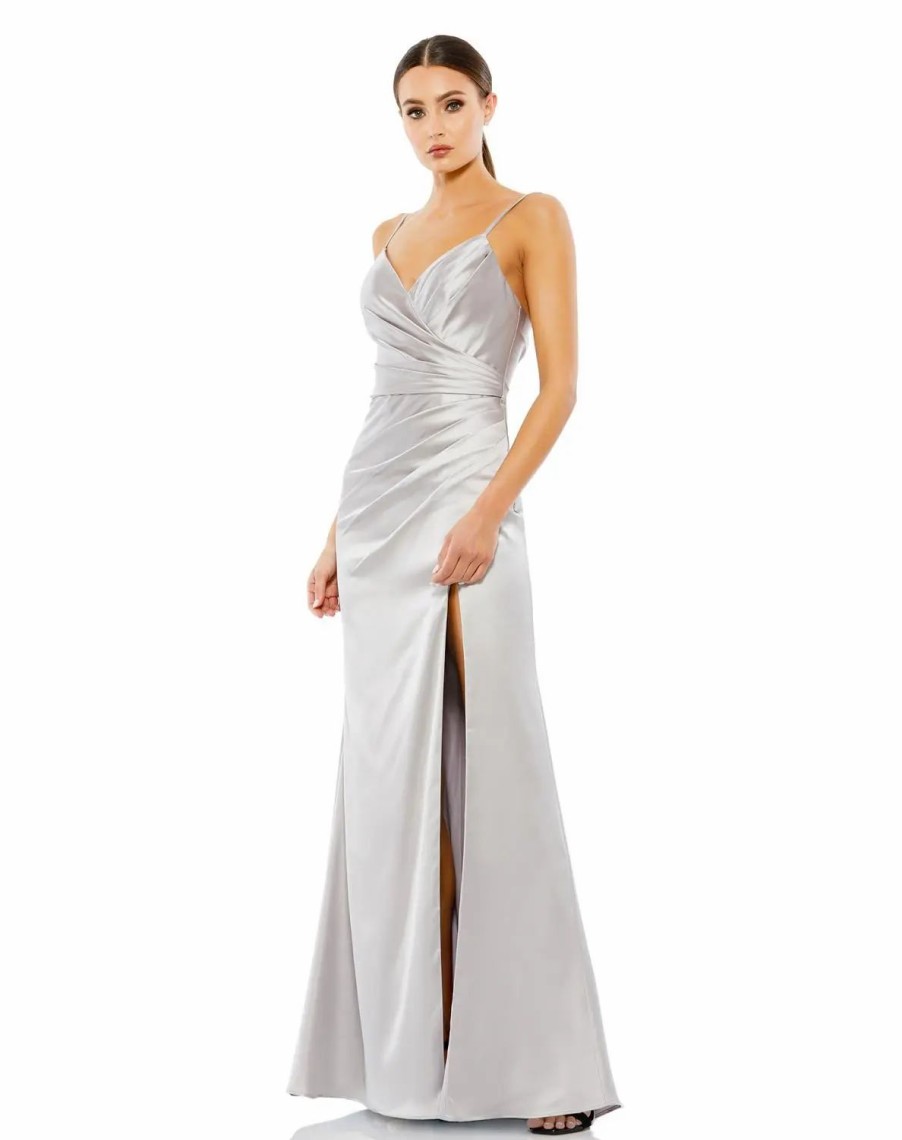 Clothing * | Ieena For Mac Duggal Satin Sleeveless Faux Wrap Ruched Gown