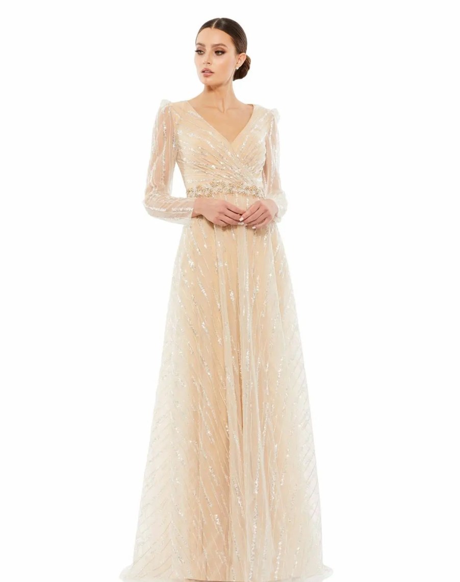 Clothing * | Mac Duggal Long Sleeve A-Line Gown Champagne