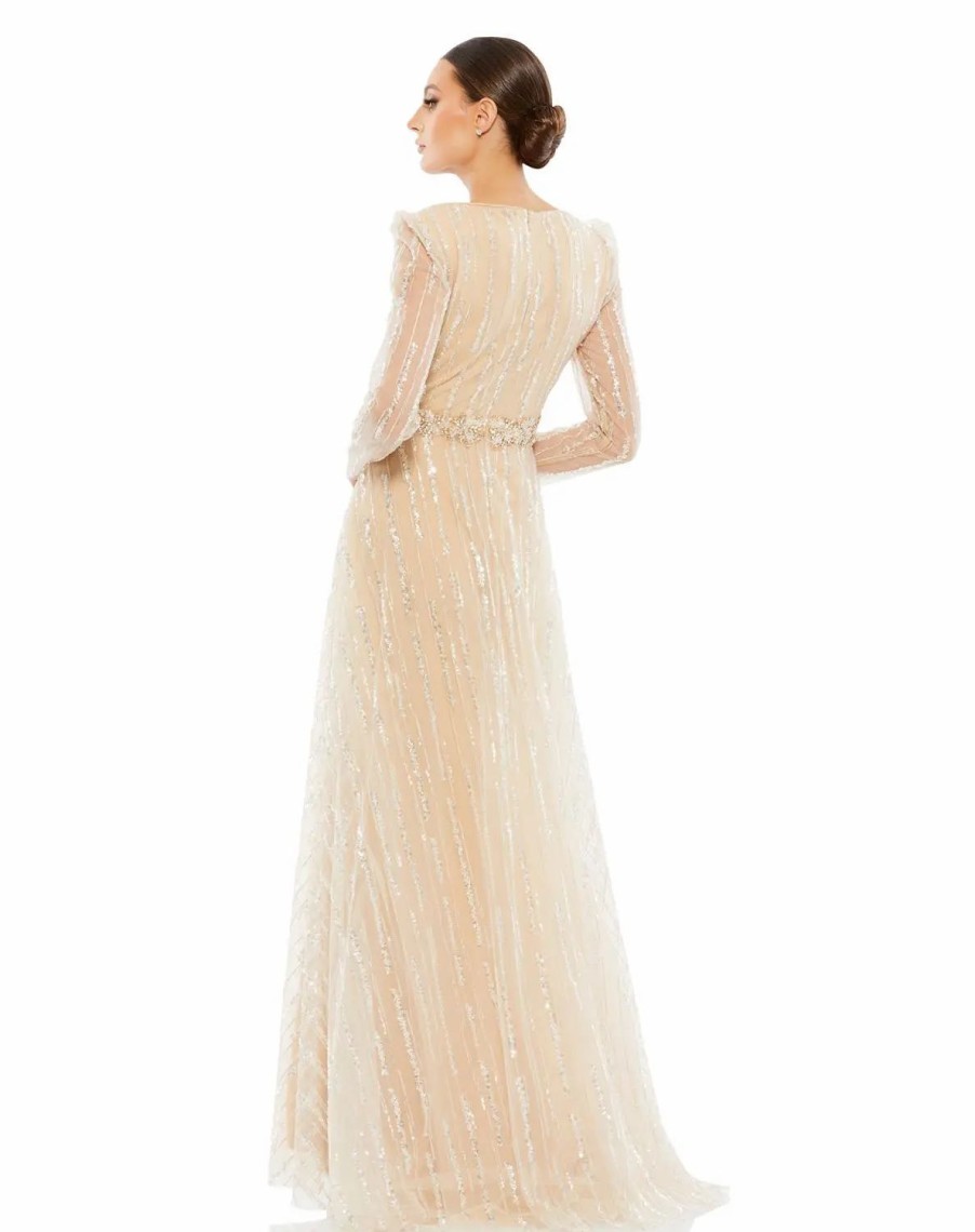 Clothing * | Mac Duggal Long Sleeve A-Line Gown Champagne