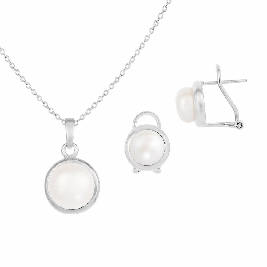 Jewelry-Accessories * | Splendid Pearls Sterling Silver 9-10Mm Pearl Necklace & Earring Set White