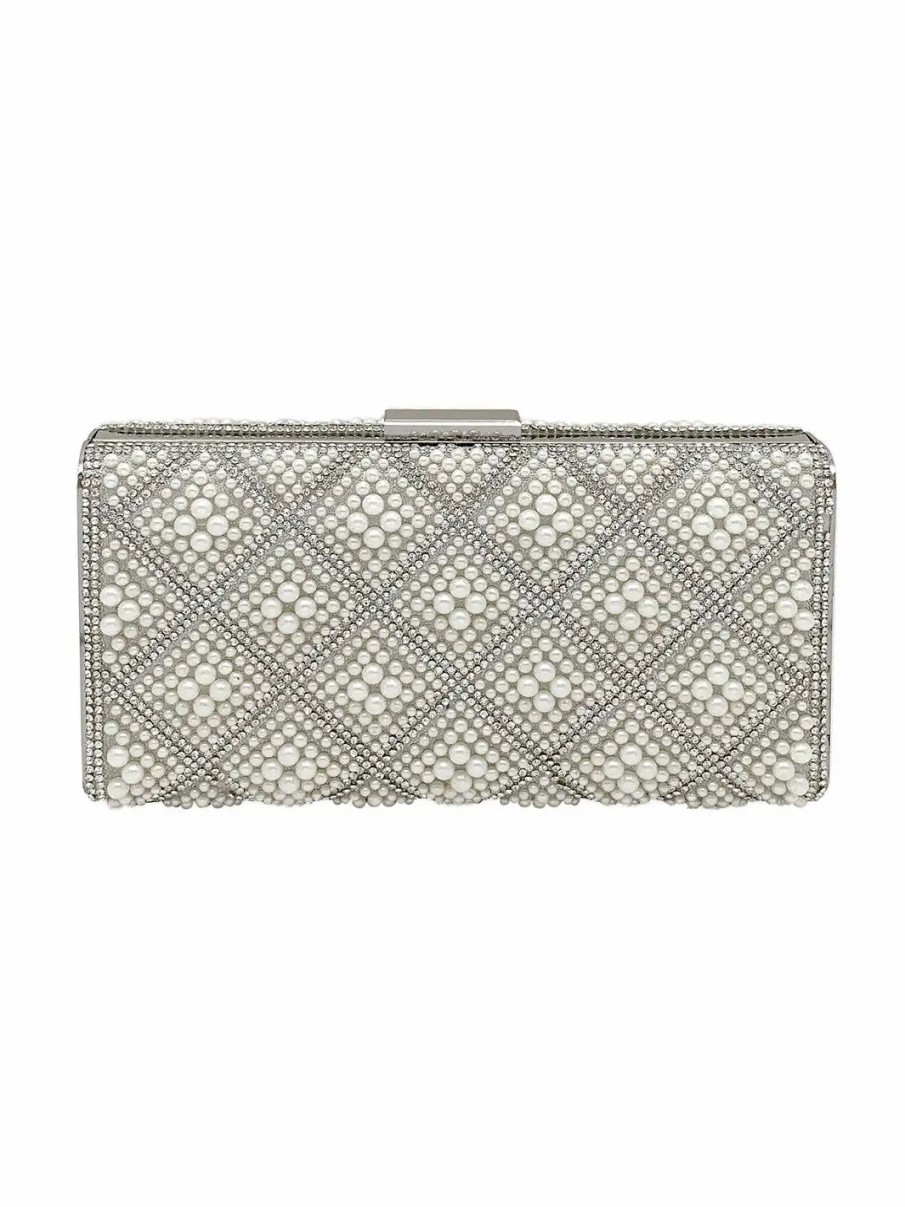 Handbags * | La Regale Tallulah Diamond Pattern Pearl Box Clutch Silver