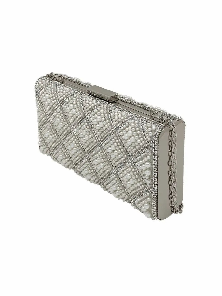 Handbags * | La Regale Tallulah Diamond Pattern Pearl Box Clutch Silver