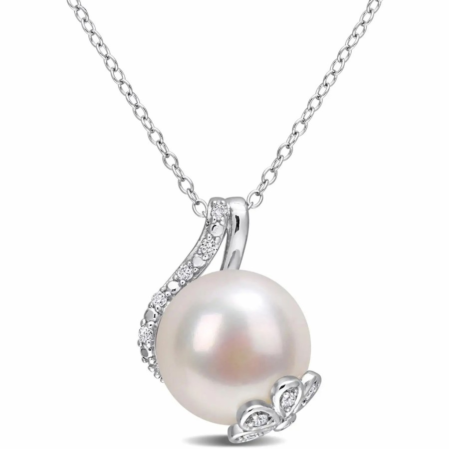 Jewelry-Accessories * | Julianna B Cultured Freshwater Pearl And Diamond Swirl Necklace Silver