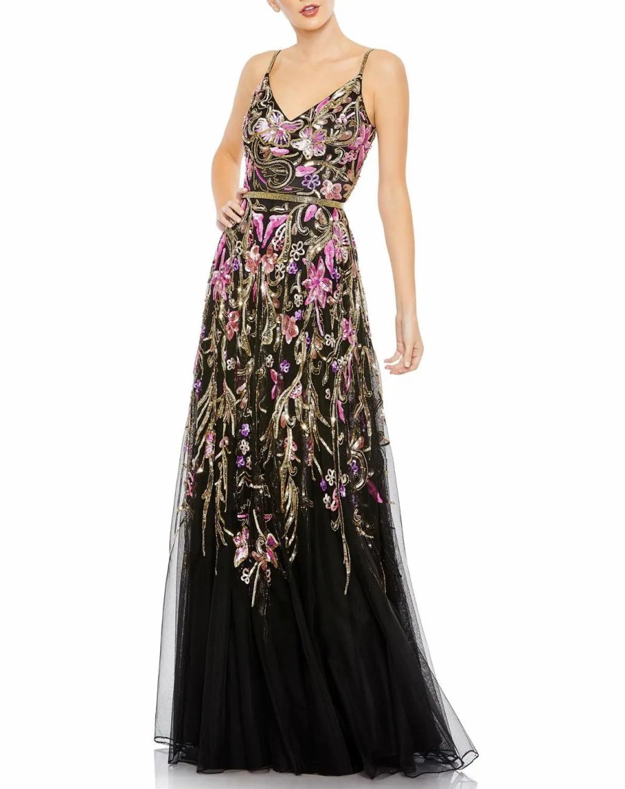 Clothing * | Mac Duggal V Neck Spaghetti Strap Gown Black Multi