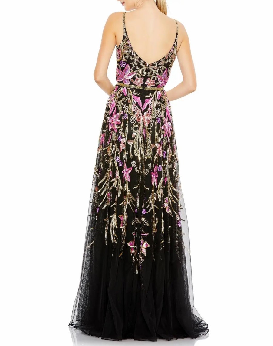 Clothing * | Mac Duggal V Neck Spaghetti Strap Gown Black Multi