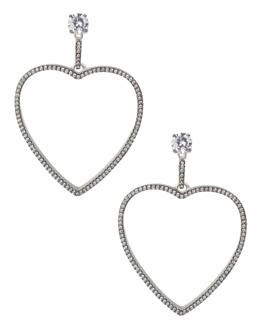 Jewelry-Accessories * | Cz By Kenneth Jay Lane Round Cubic Zirconia Post Open Heart Drop Earrings Silver Two Tone