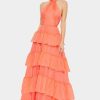 Clothing * | Ieena For Mac Duggal Ruffle Tiered Pleated Halter Neck A Line Gown Peach