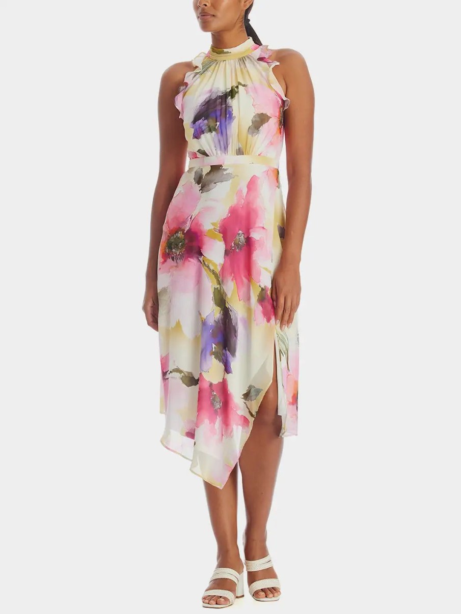 Clothing * | Adrianna Papell Printed Chiffon Halter Dress Pink Multi