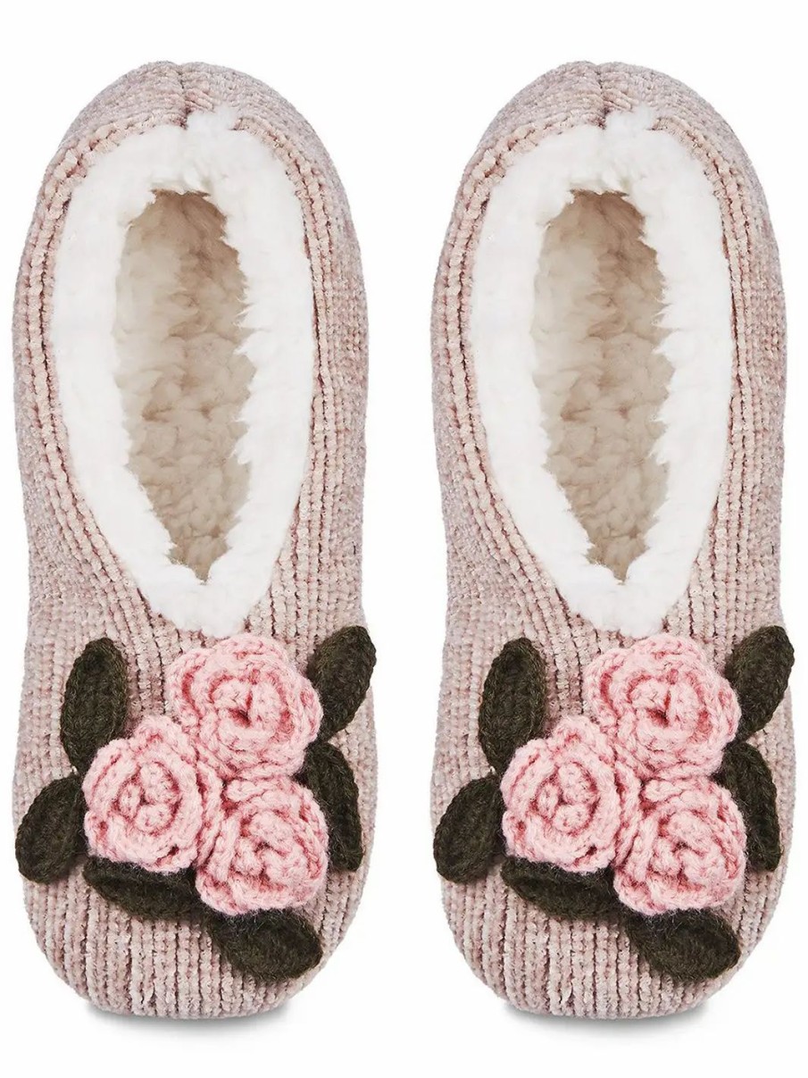 Shoes * | Memoi Coming Up Roses Chenille Sherpa-Lined Slippers Taupe