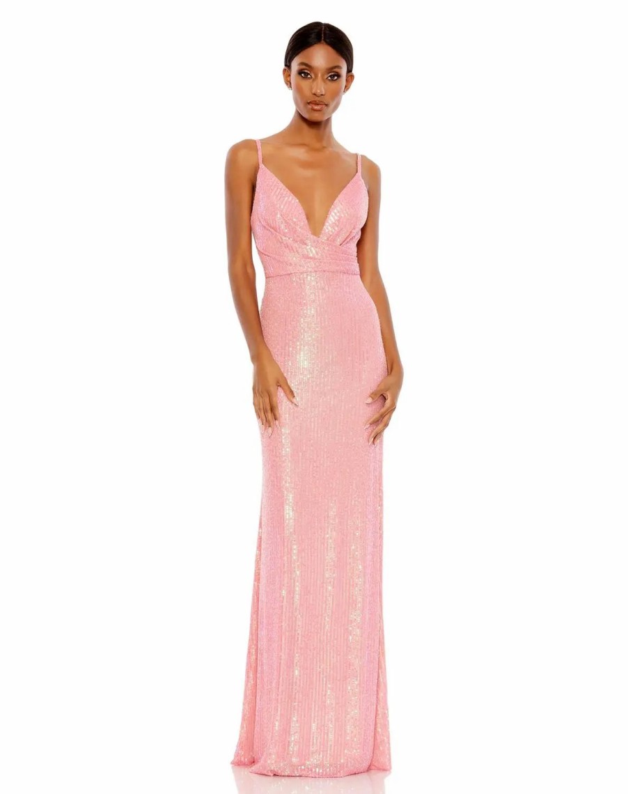 Clothing * | Ieena For Mac Duggal Sequined Draped V Neck Gown Coral