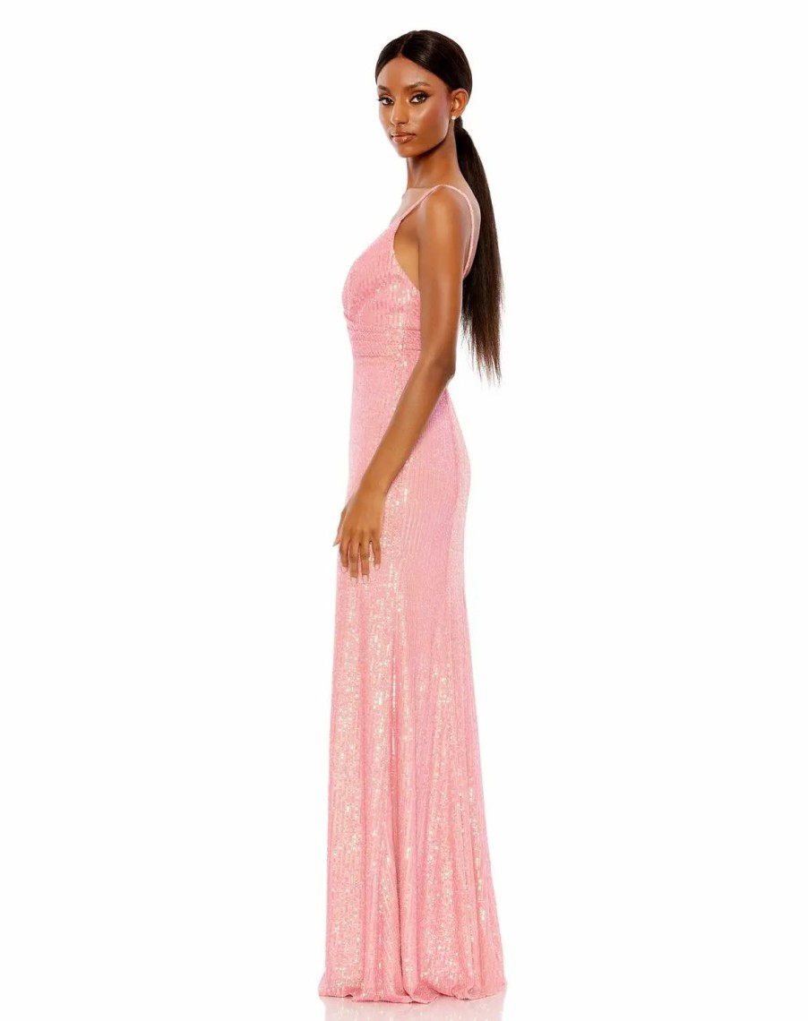 Clothing * | Ieena For Mac Duggal Sequined Draped V Neck Gown Coral