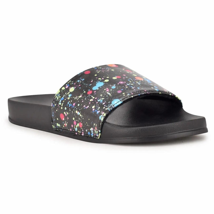 Shoes * | Nine West Sandbar Slip On Slides Black Paint Splatter Multi