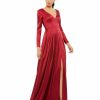 Clothing * | Ieena For Mac Duggal Satin V Neck Long Sleeve Pleated Gown