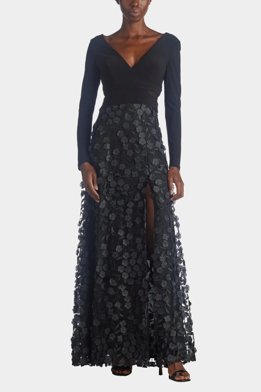 Clothing * | Xscape Long Sleeve Ruched Flower Dress Black/Black