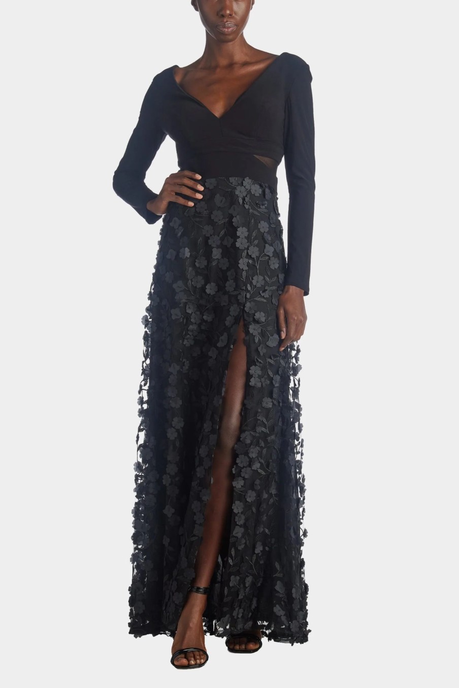 Clothing * | Xscape Long Sleeve Ruched Flower Dress Black/Black